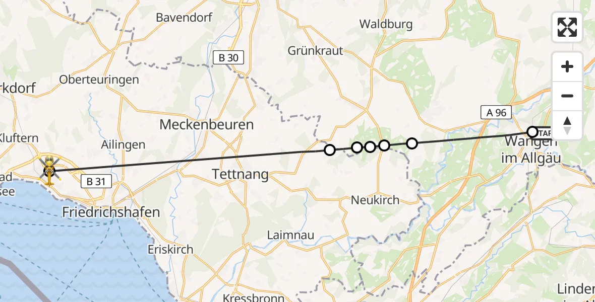 Flugroute Rettungshubschrauber Westallgäu Clinic Wangen Hubschrauberlandeplatz - Friedrichshafen Hospital, 13 April 2026, 12:02