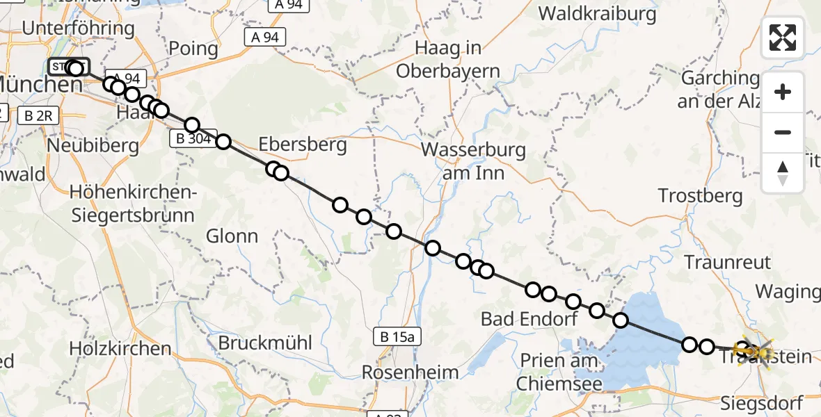 Flugroute Rettungshubschrauber München Bogenhausen Hospital - Traunstein Hospital, 13 April 2026, 12:29