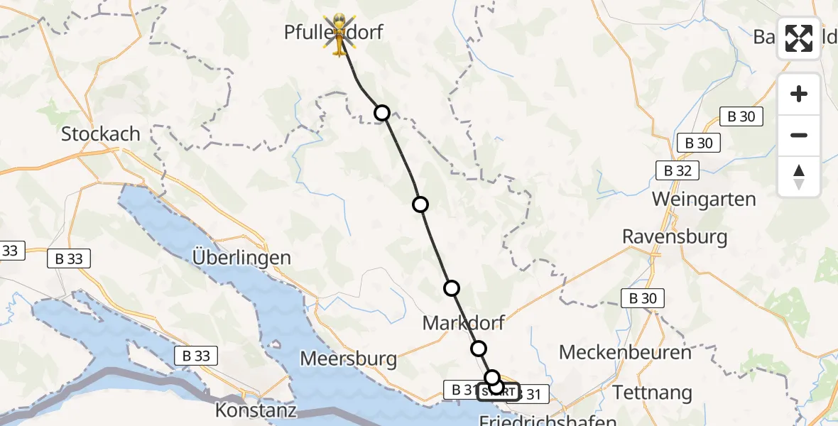 Flugroute Rettungshubschrauber Friedrichshafen Hospital - Pfullendorf, 13 April 2026, 12:37