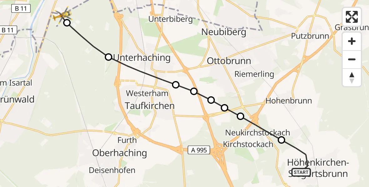 Flugroute Rettungshubschrauber Höhenkirchen-Siegertsbrunn - ADAC Air Rescue Center Hubschrauberlandeplatz (Christoph 1), 13 April 2026, 12:39