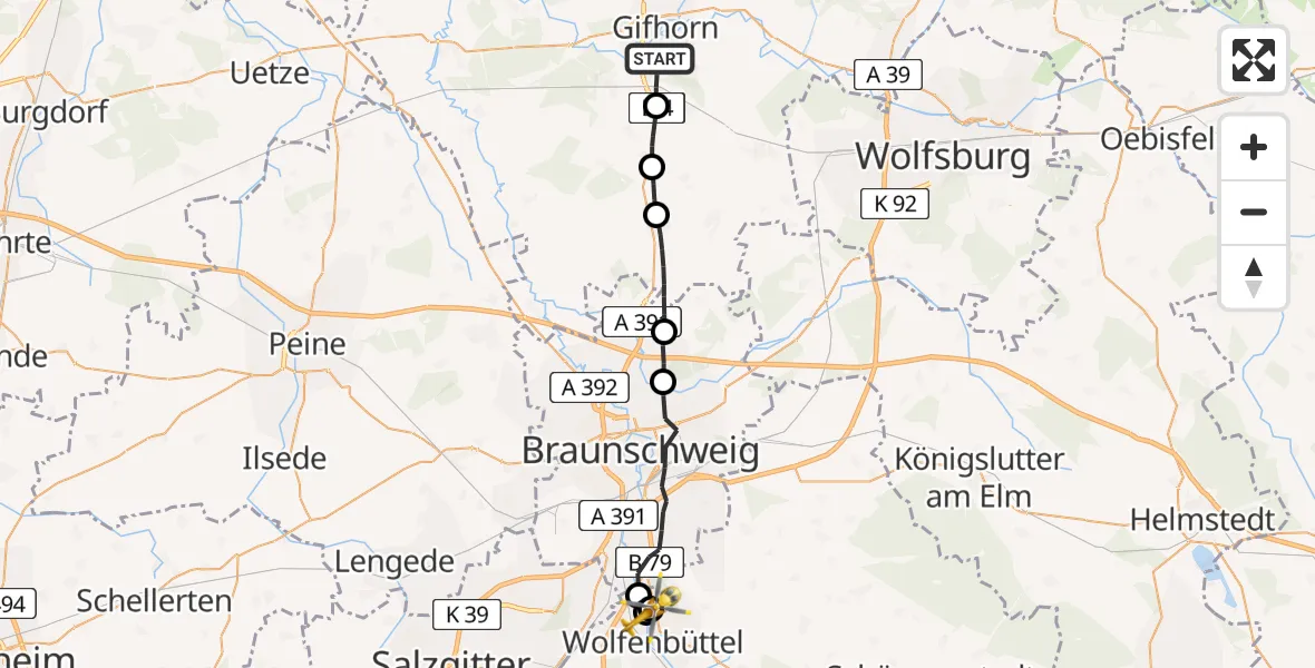 Flugroute Rettungshubschrauber Gifhorn - Wolfenbüttel Municipal Hospital Heliport (Christoph 30), 13 April 2026, 12:49