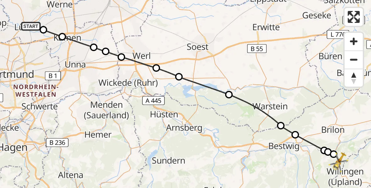 Flugroute Rettungshubschrauber Lünen - Brilon, 13 April 2026, 12:55