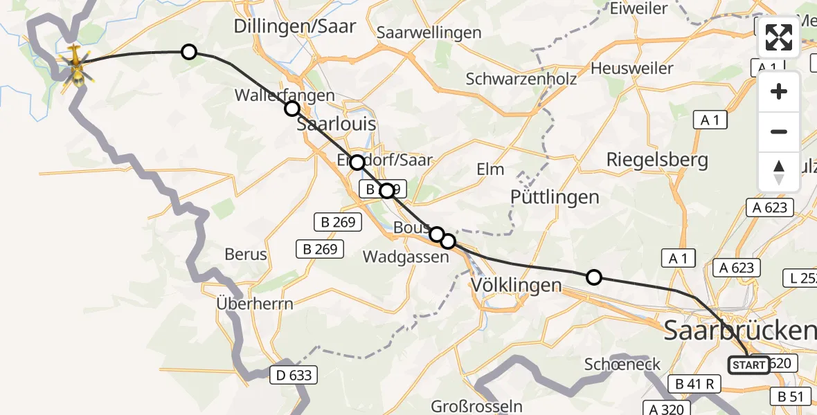 Flugroute Rettungshubschrauber Saarbrücken - Rehlingen-Siersburg, 13 April 2026, 13:23