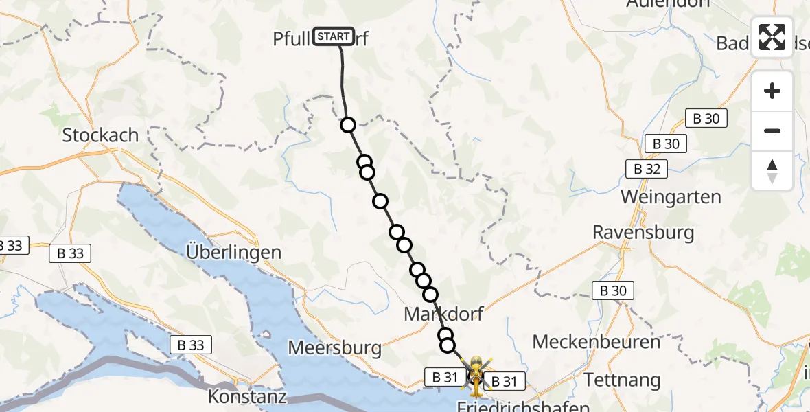 Flugroute Rettungshubschrauber Pfullendorf - Friedrichshafen Hospital, 13 April 2026, 13:24