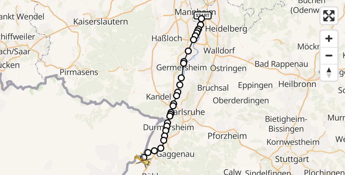 Flugroute Rettungshubschrauber Mannheim-City Flughafen - Karlsruhe Baden-Baden Flughafen, 13 April 2026, 13:28