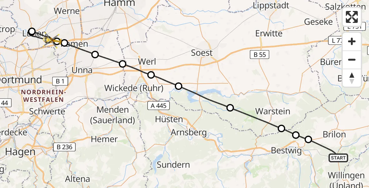 Flugroute Rettungshubschrauber Brilon - Bergkamen, 13 April 2026, 13:32