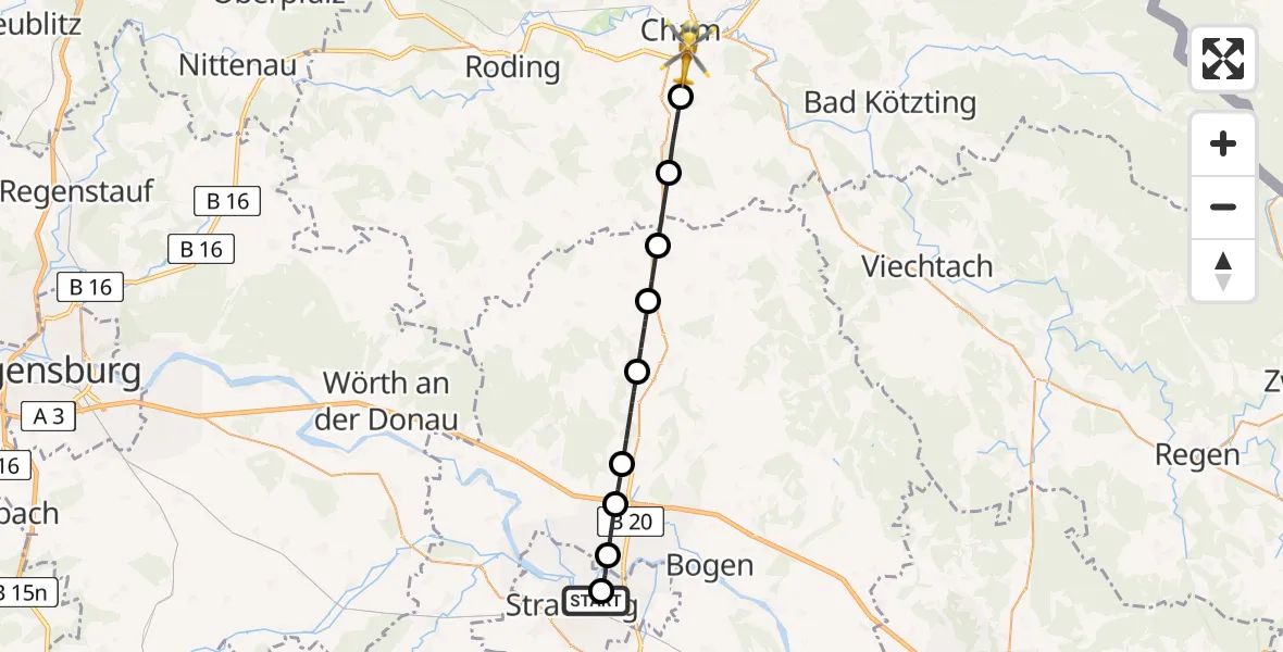 Flugroute Rettungshubschrauber Sankt Elisabeth Hospital Straubing - Cham, 13 April 2026, 13:34