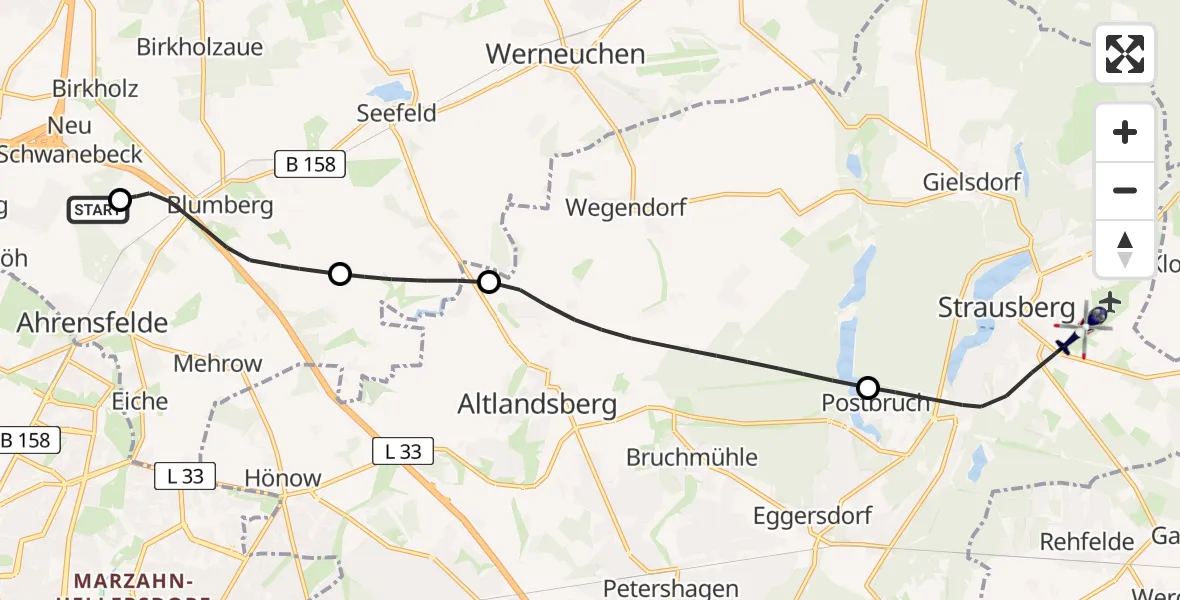 Flugroute Polizeihubschrauber Ahrensfelde Hubschrauberlandeplatz - Strausberg, 13 April 2026, 13:49