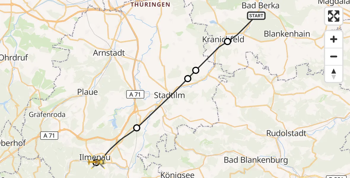 Flugroute Ambulanzhubschrauber Bad Berka - Ilm-Kreis-Kliniken Arnstadt-Ilmenau Hubschrauberlandeplatz, 13 April 2026, 13:59