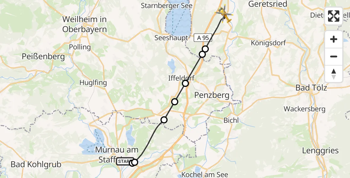 Flugroute Rettungshubschrauber Murnau Accident Hospital - Eurasburg, 13 April 2026, 14:17