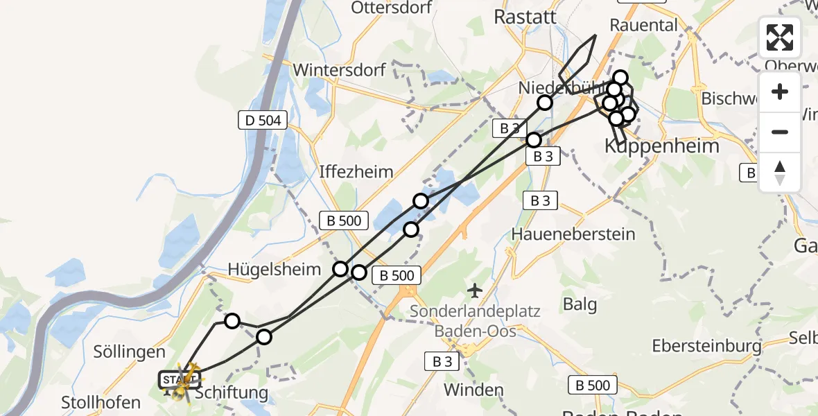 Flugroute Rettungshubschrauber Karlsruhe Baden-Baden Flughafen - Karlsruhe Baden-Baden Flughafen, 13 April 2026, 14:24