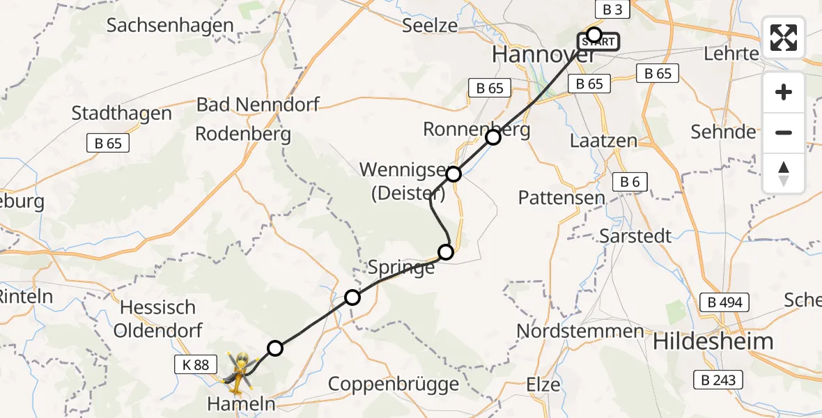 Flugroute Rettungshubschrauber Hannover Luftrettung Hubschrauberlandeplatz (Christoph 4) - Hameln, 13 April 2026, 14:35