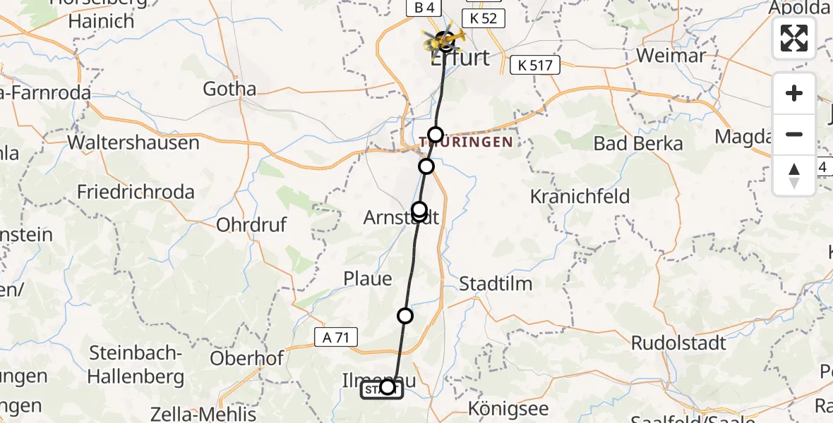 Flugroute Ambulanzhubschrauber Ilm-Kreis-Kliniken Arnstadt-Ilmenau Hubschrauberlandeplatz - Helios Clinic Erfurt Hubschrauberlandeplatz, 13 April 2026, 14:43