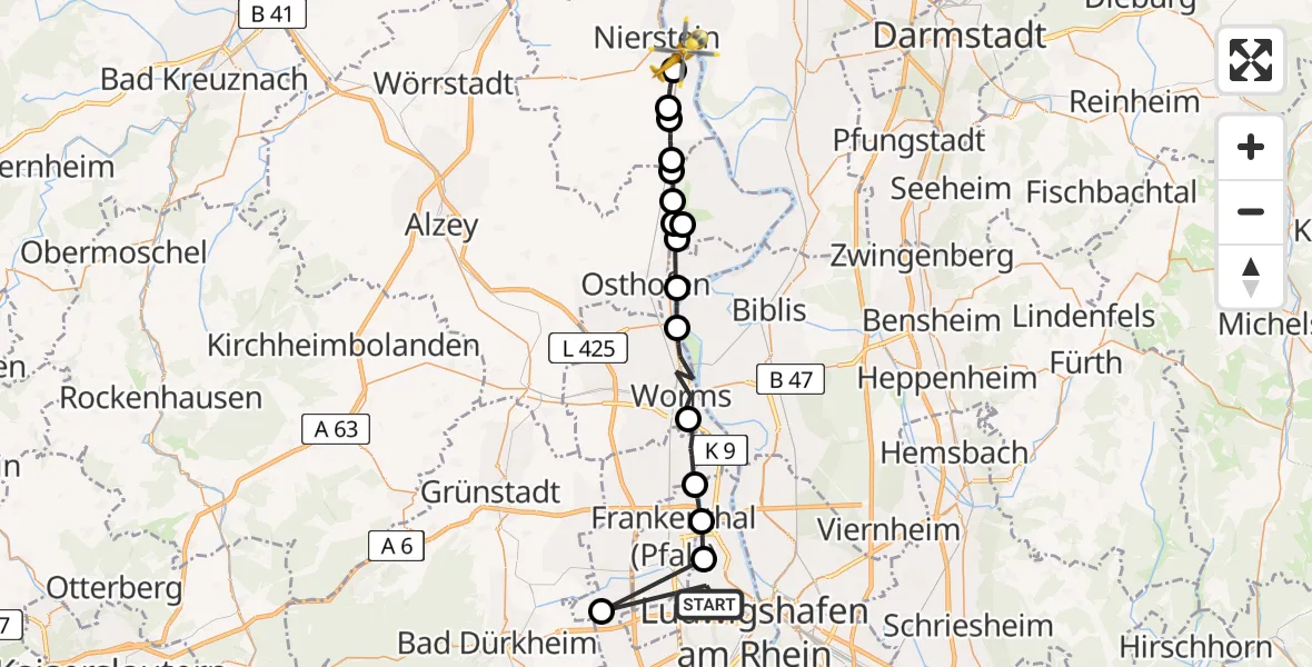 Flugroute Rettungshubschrauber Ludwigshafen am Rhein - Oppenheim, 13 April 2026, 14:53