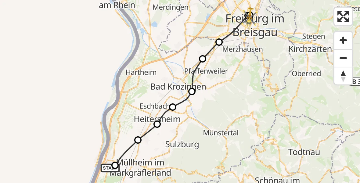 Flugroute Rettungshubschrauber Neuenburg am Rhein - Freiburg University Hospital Heliport 1, 13 April 2026, 14:59