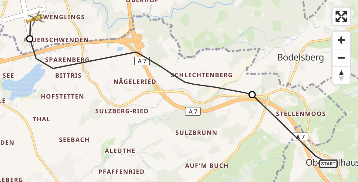 Flugroute Rettungshubschrauber Oy-Mittelberg - Kempten-Durach Flugplatz, 13 April 2026, 15:15