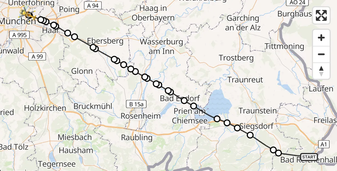 Flugroute Rettungshubschrauber Bad Reichenhall - München Bogenhausen Hospital, 13 April 2026, 15:35