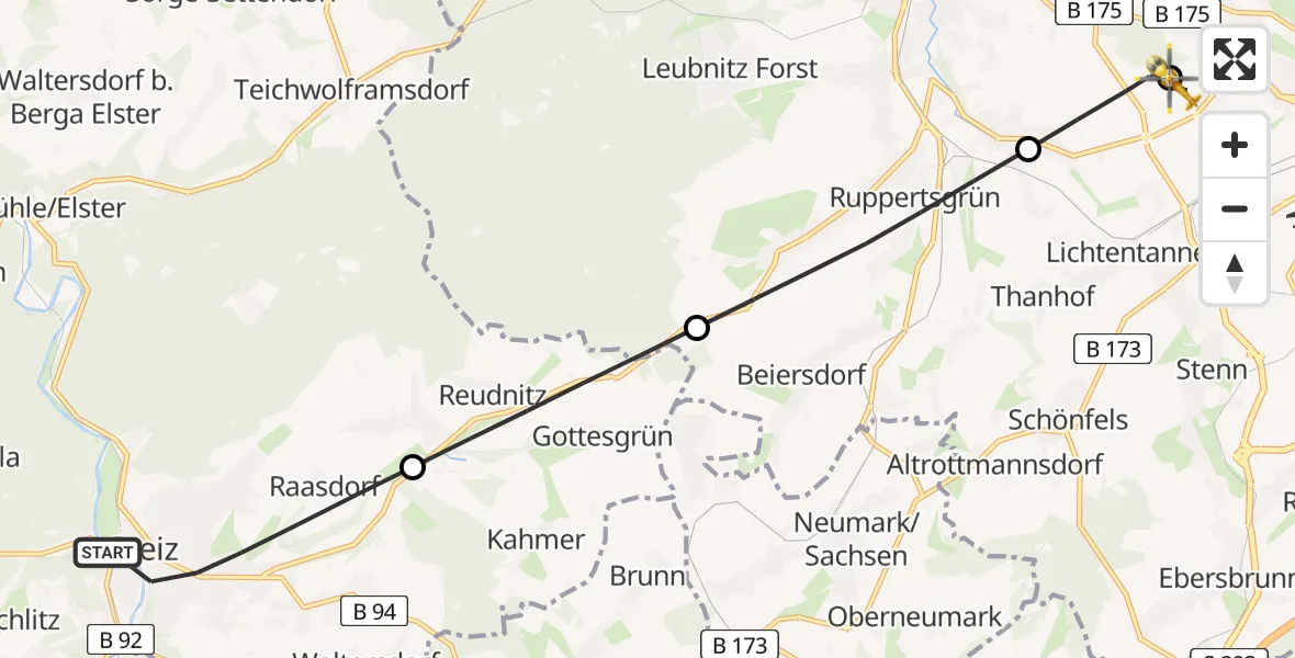 Flugroute Rettungshubschrauber Greiz - ADAC Air Rescue Station Zwickau Hubschrauberlandeplatz, 13 April 2026, 15:38