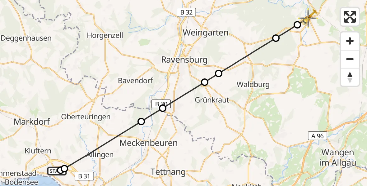 Flugroute Rettungshubschrauber Friedrichshafen Hospital - Wolfegg, 13 April 2026, 15:38