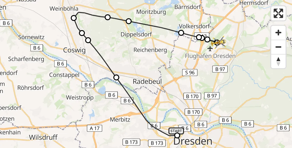 Flugroute Rettungshubschrauber Dresden Friedrichstadt Hospital - Dresden Bundespolizei Hubschrauberlandeplatz, 13 April 2026, 15:41