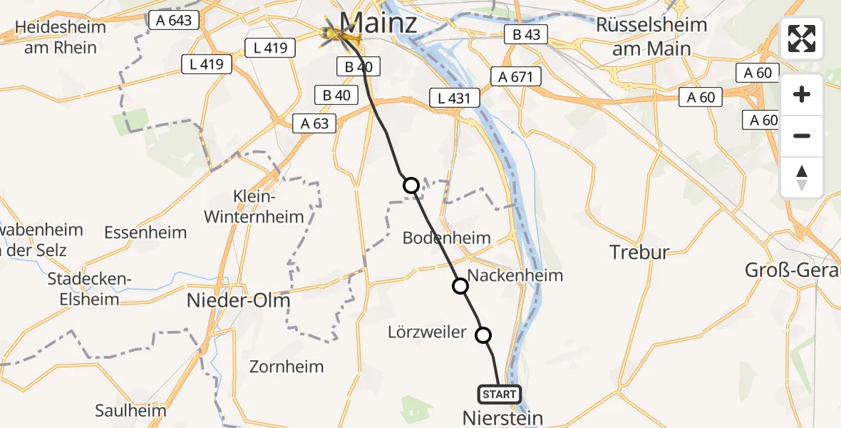 Flugroute Rettungshubschrauber Nierstein - Mainz University Hospital, 13 April 2026, 16:04