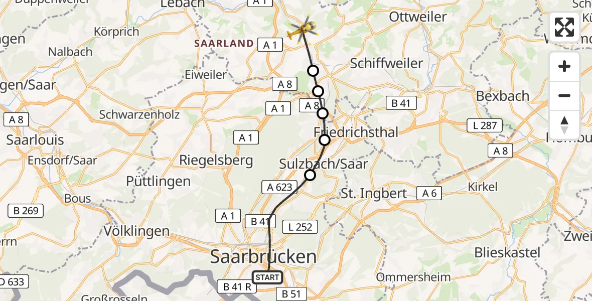 Flugroute Rettungshubschrauber Saarbrücken - Illingen, 13 April 2026, 16:19
