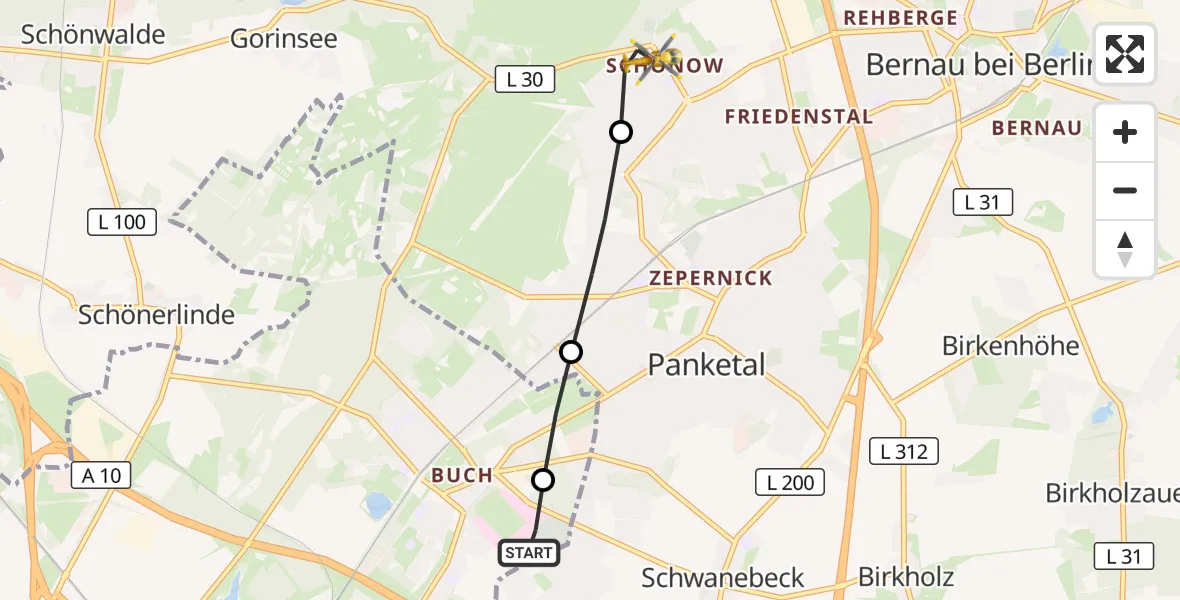 Flugroute Rettungshubschrauber Helios Clinic Berlin-Buch - Bernau bei Berlin, 13 April 2026, 16:32