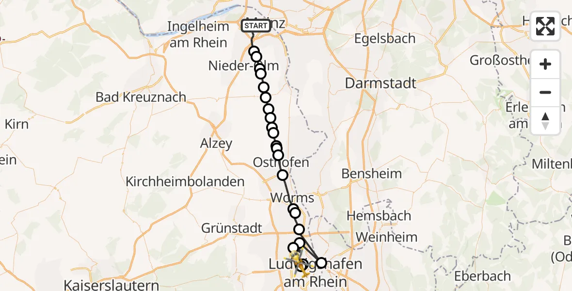 Flugroute Rettungshubschrauber Mainz - Ludwigshafen Accident Hospital, 13 April 2026, 16:46