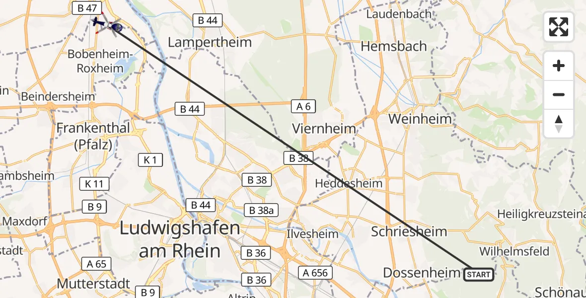 Flugroute Polizeihubschrauber Heidelberg - Worms Flugplatz, 13 April 2026, 16:55
