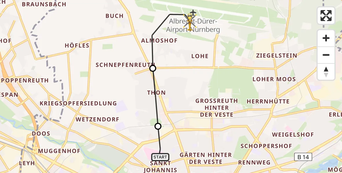 Flugroute Ambulanzhubschrauber Nürnberg North Hospital - Flughafen Nuremberg, 13 April 2026, 16:58