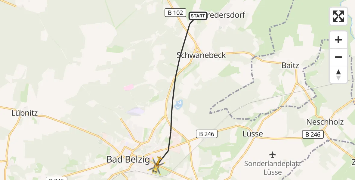 Flugroute Rettungshubschrauber Bad Belzig - Ernst von Bergmann Hospital Bad Belzig Hubschrauberlandeplatz, 13 April 2026, 16:59