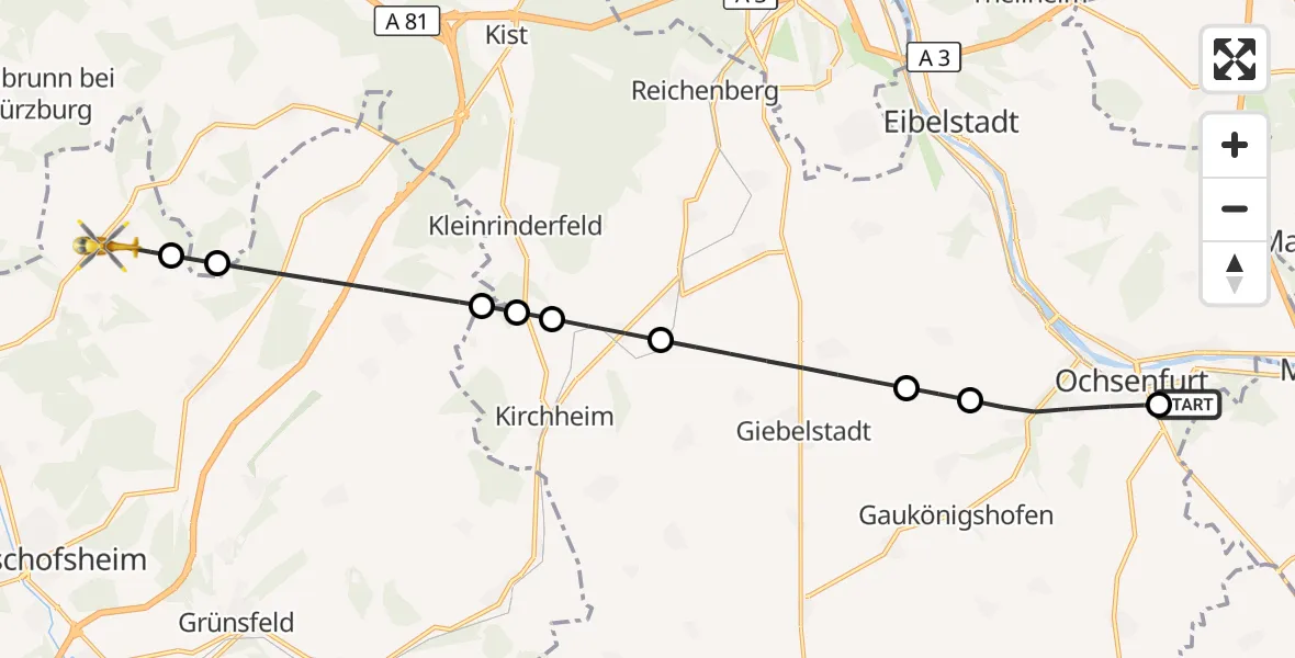 Flugroute Rettungshubschrauber Ochsenfurt Hospital - Werbach, 13 April 2026, 17:11