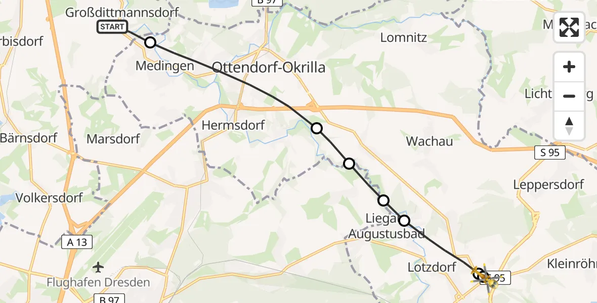 Flugroute Rettungshubschrauber Radeburg - Asklepios ASB Hospital Radeberg, 13 April 2026, 17:23