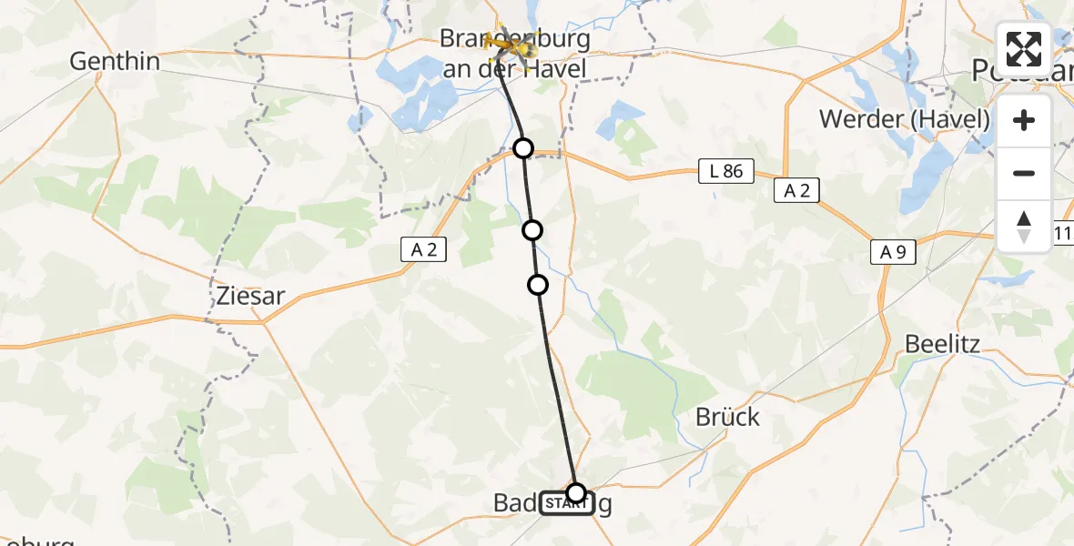 Flugroute Rettungshubschrauber Ernst von Bergmann Hospital Bad Belzig - Brandenburg an der Havel, 13 April 2026, 17:25