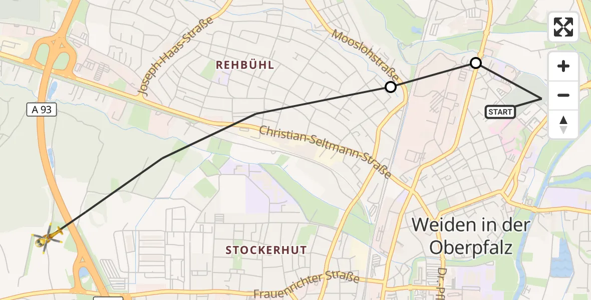 Flugroute Rettungshubschrauber Weiden Hospital - Weiden i.d.OPf., 13 April 2026, 17:26