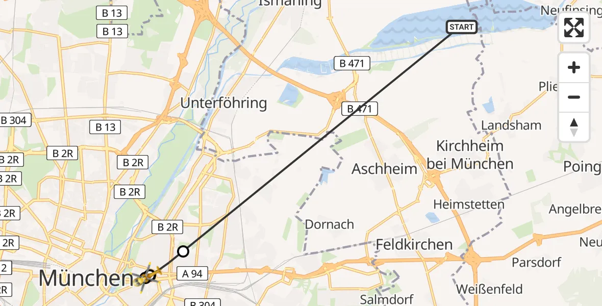 Flugroute Rettungshubschrauber Aschheim - Rechts der Isar University Hospital Hubschrauberlandeplatz, 13 April 2026, 17:47