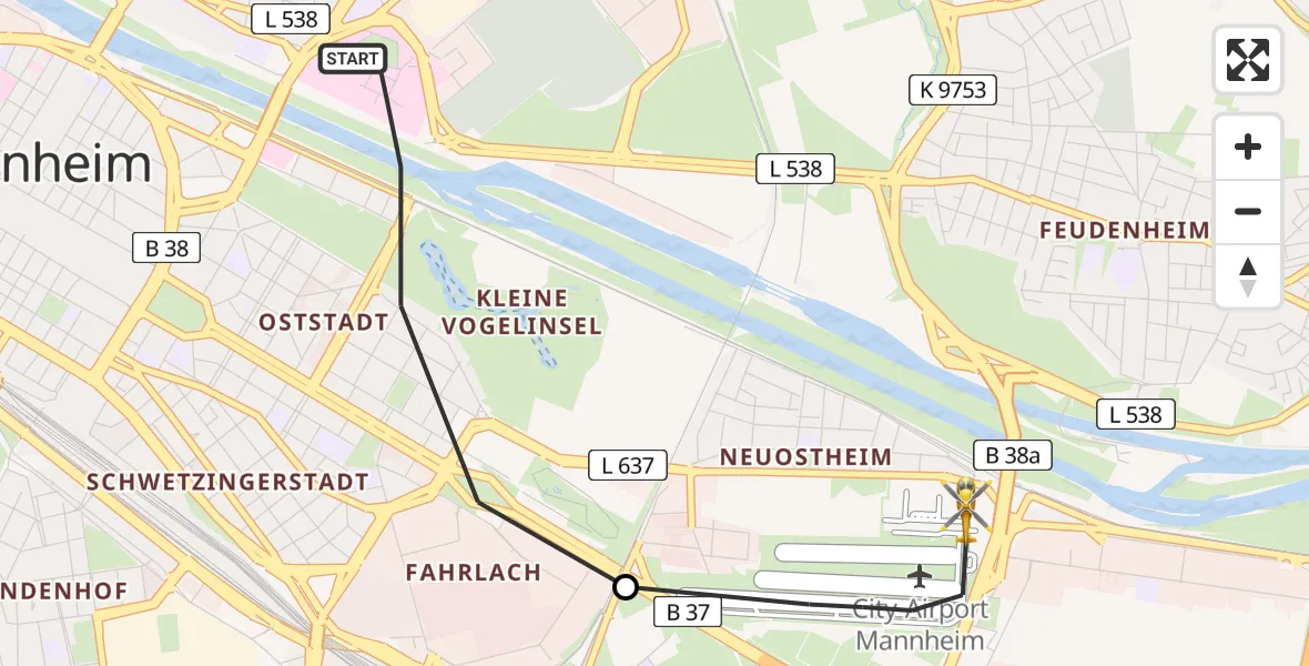 Flugroute Rettungshubschrauber Mannheim - Mannheim-City Flughafen, 13 April 2026, 17:48
