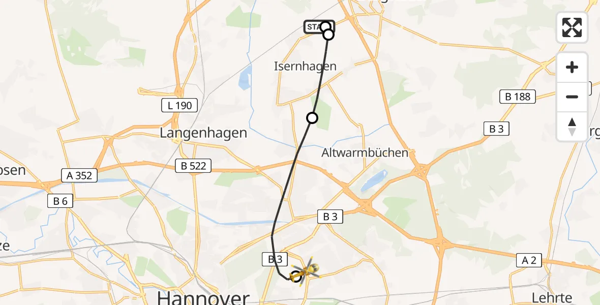 Flugroute Rettungshubschrauber Isernhagen - Hannover Luftrettung Hubschrauberlandeplatz (Christoph 4), 13 April 2026, 17:59