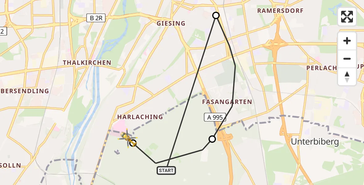 Flugroute Rettungshubschrauber Perlacher Forst - ADAC Air Rescue Center Hubschrauberlandeplatz (Christoph 1), 13 April 2026, 18:04