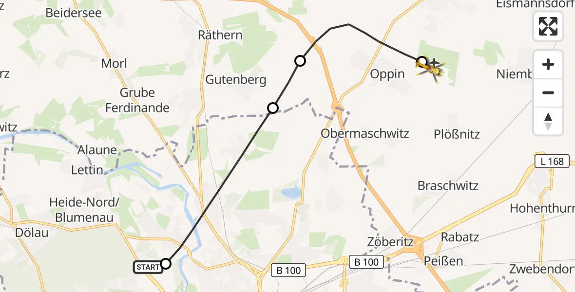 Flugroute Ambulanzhubschrauber Halle (Saale) University Hospital - Halle-Oppin Flugplatz, 13 April 2026, 19:50