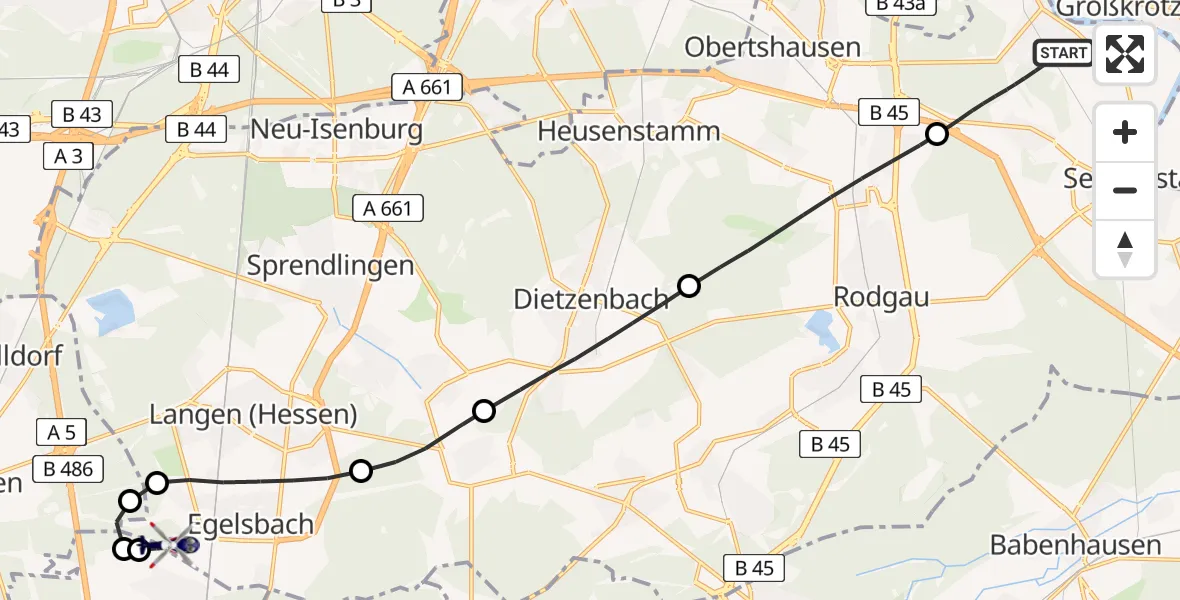 Flugroute Polizeihubschrauber Hainburg - Flughafen Frankfurt-Egelsbach, 13 April 2026, 20:50