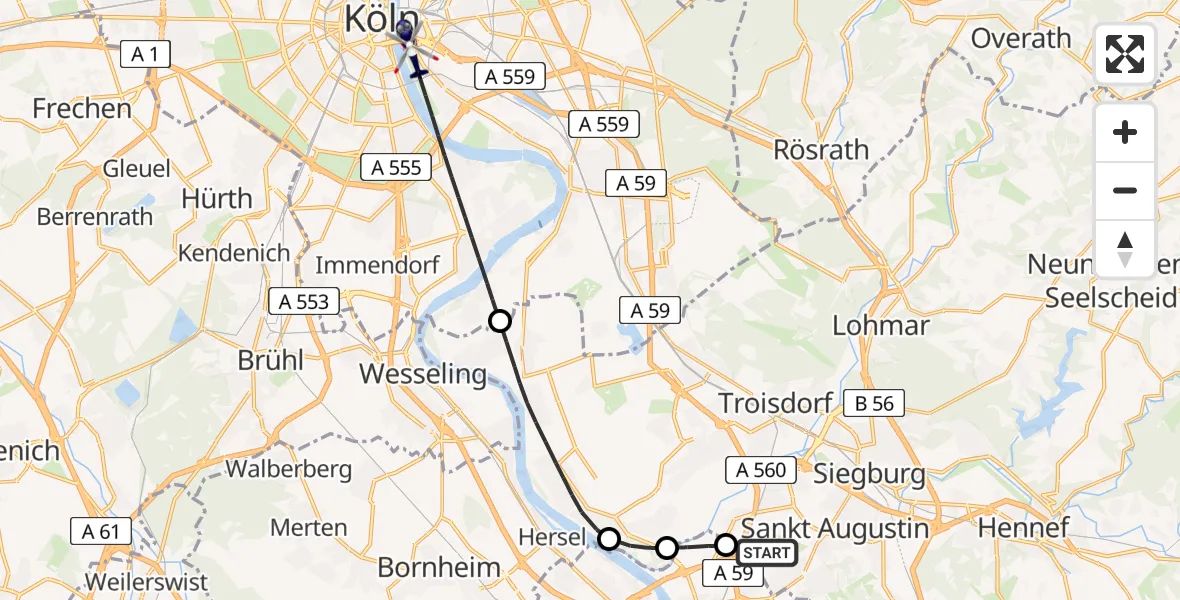 Flugroute Polizeihubschrauber Sankt Augustin - Köln, 13 April 2026, 23:27