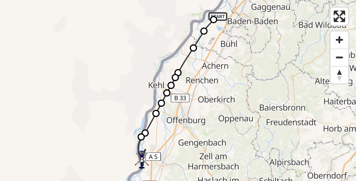 Flugroute Polizeihubschrauber Karlsruhe Baden-Baden Flughafen - Schwanau, 14 April 2026, 04:54