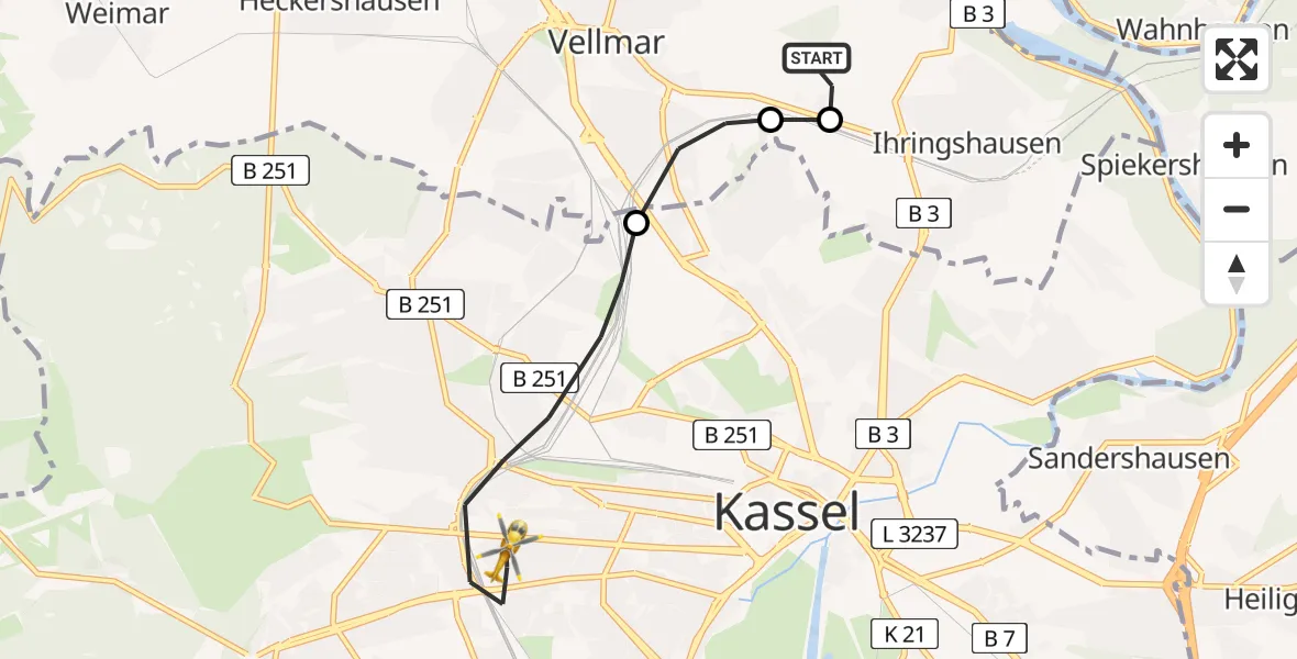 Flugroute Rettungshubschrauber Fuldatal Bundespolizei Hubschrauberlandeplatz - Kassel, 14 April 2026, 05:00