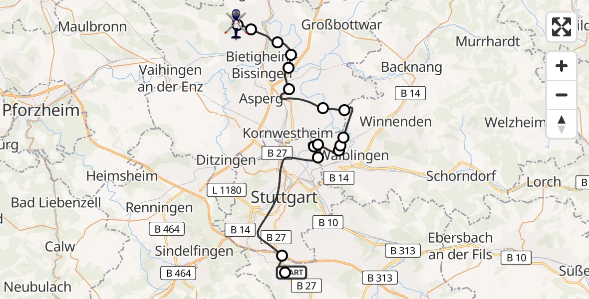 Flugroute Polizeihubschrauber Flughafen Stuttgart - Löchgau Flugplatz, 14 April 2026, 05:48