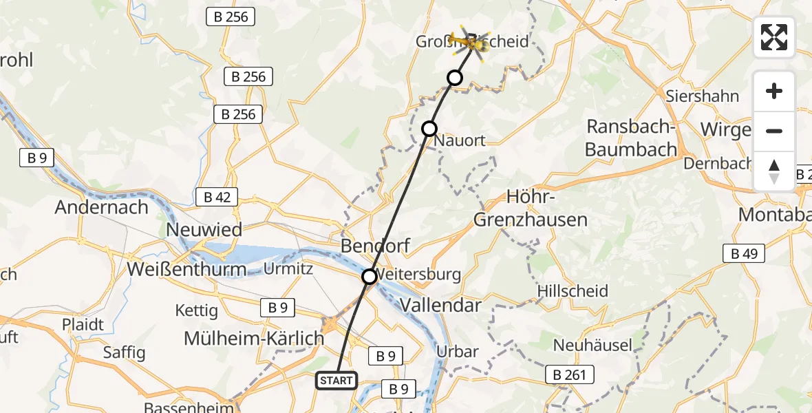 Flugroute Rettungshubschrauber Koblenz - Großmaischeid, 14 April 2026, 06:19