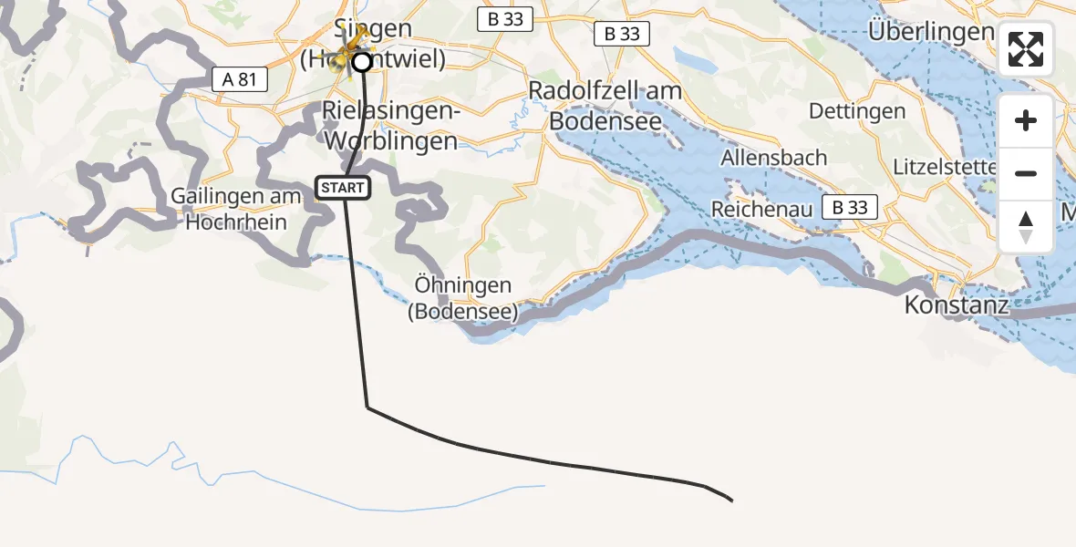 Flugroute Rettungshubschrauber Rielasingen-Worblingen - Singen (Hohentwiel), 14 April 2026, 06:25