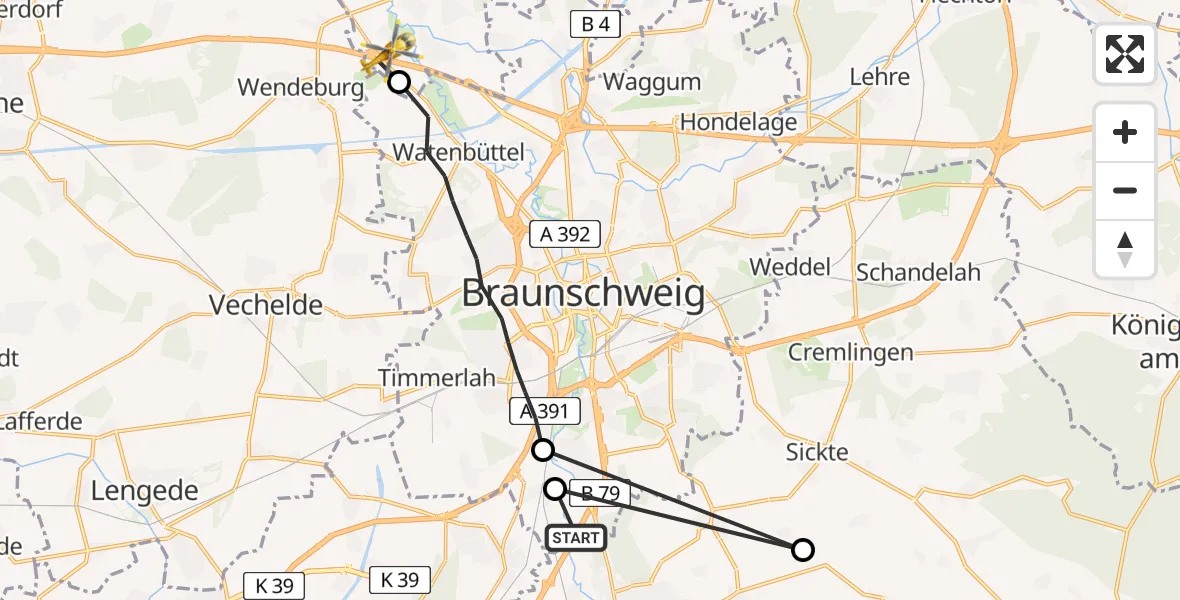 Flugroute Rettungshubschrauber Wolfenbüttel - Schwülper, 14 April 2026, 06:37