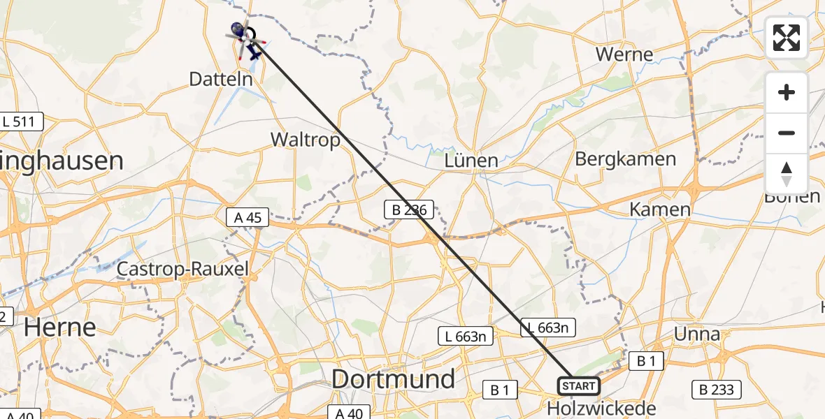 Flugroute Polizeihubschrauber Dortmund Flughafen - Datteln, 14 April 2026, 06:42