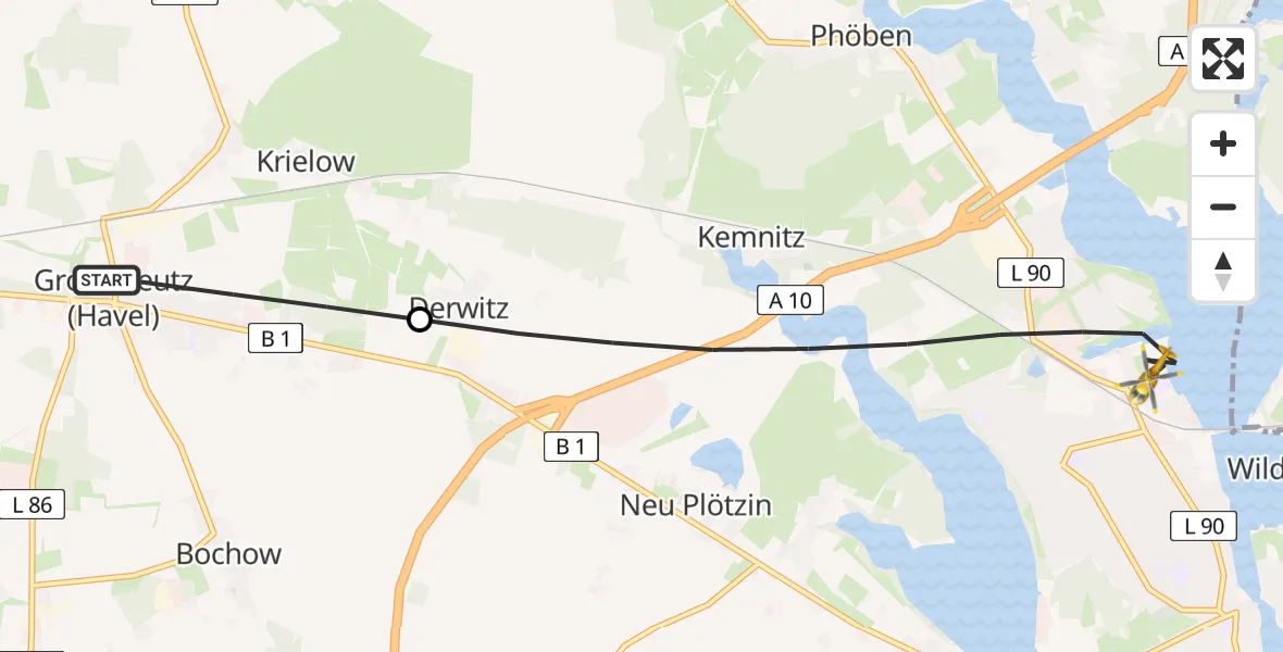 Flugroute Rettungshubschrauber Groß Kreutz (Havel) - Werder (Havel), 14 April 2026, 06:50
